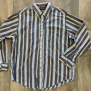 Oakton Shirt Men's Size L Gray Yellow White Striped Button Up Cotton Vintage